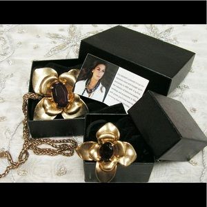 V by Eva vintage set: necklace & ring faux Garnet